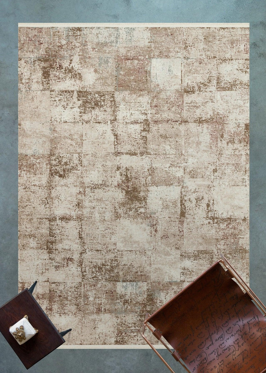 Bej Krem Eskitme Modern Halı - Yıkanabilir - Kaymaz Taban - Pati Dostu