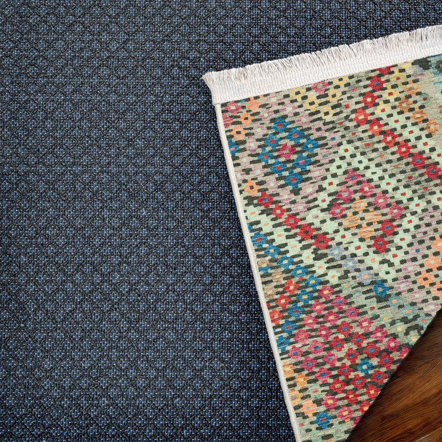 Gri Mavi Etnik Geometrik Halı - Yıkanabilir - Kaymaz Taban - Pati Dostu