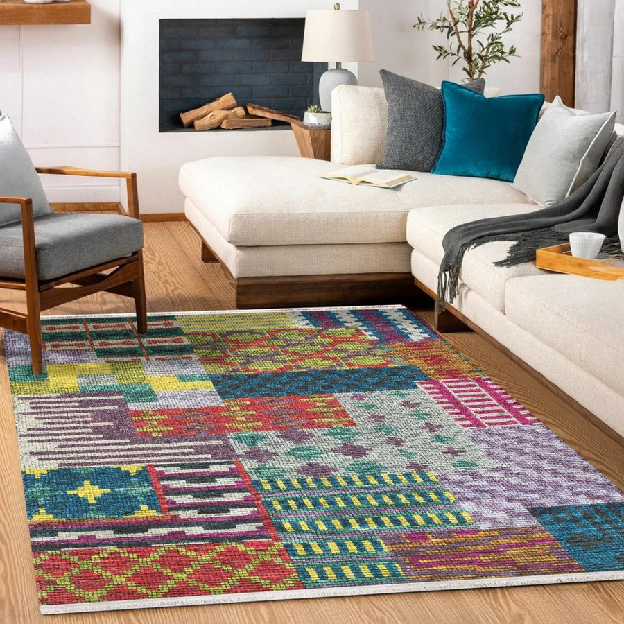 Renkli Etnik Modern Halı - Yıkanabilir - Kaymaz Taban - Pati Dostu