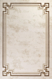 Cream and Brown Geometric Distressed Rug