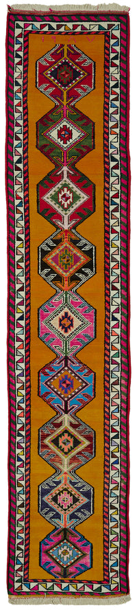 Zolvo Sarı Çok Renkli Geometrik Etnik El Dokuma Halı 82x403 cm