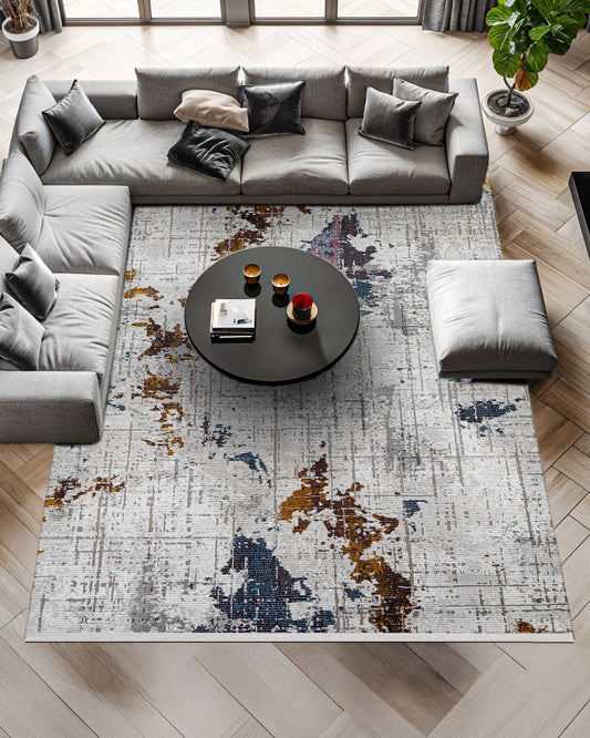 Gri Mavi Bohem Dokulu Halı - Yıkanabilir - Kaymaz Taban - Pati Dostu