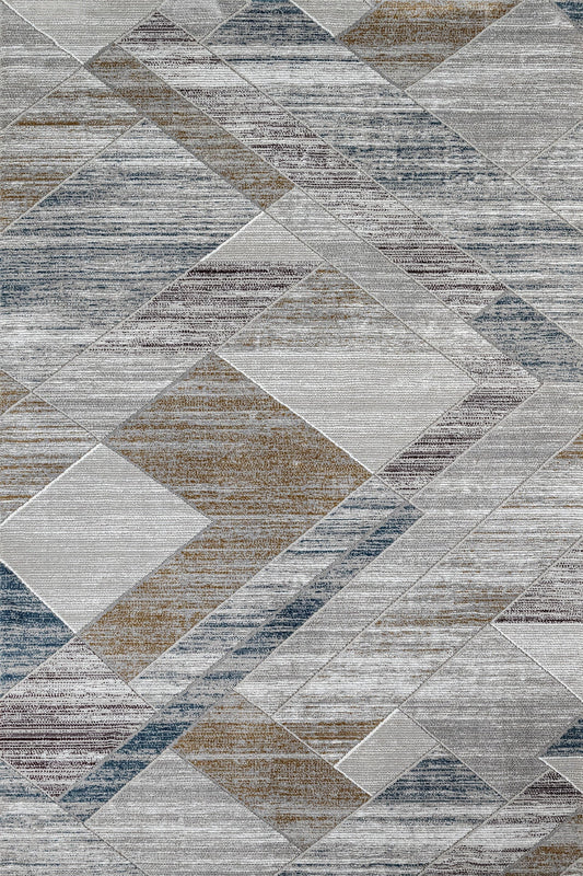 Antrasit Bej Blok Desenli Geometrik Halı - Yıkanabilir - Kaymaz Taban - Pati Dostu