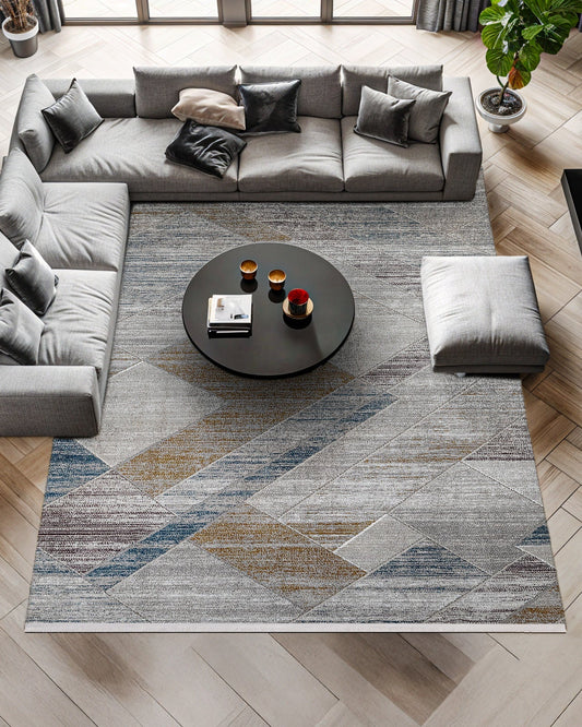 Antrasit Bej Blok Desenli Geometrik Halı - Yıkanabilir - Kaymaz Taban - Pati Dostu