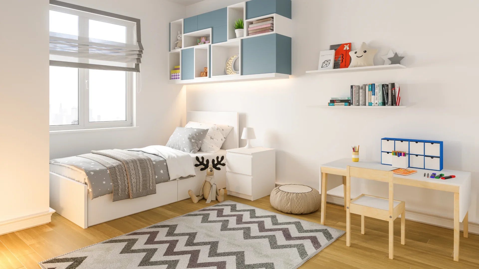 Çocuk odasında, gri ve kahverengi zikzak desenli modern halı, ahşap zeminin üzerinde serili.
