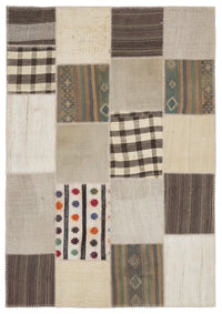 Beige & Brown Patchwork Hand-Woven Wool Rug 160x230 cm (5'3" x 7'7")