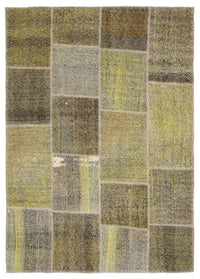 Haki Yeşil Sarı Eskitme Patchwork Salon Halısı