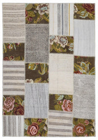 Bej Kahverengi Bohem Patchwork Salon Halısı Çiçekli