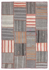 Gri El Dokuma Halı Krem Detaylı Geometrik Desenli 160x230 cm 1286