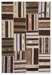 Bej, Kahverengi Bej Eskitme Kilim Patchwork Salon Halısı