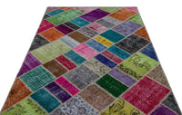 Distressed Geometric Hand-Knotted Wool Rug in Turquoise 157x232 cm (5'2" x 7'7")