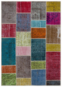 Kırmızı Mavi Eskitme Patchwork Salon Halısı - El Dokuma