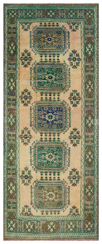 Beige & Green Geometric Runner Rug, Hand-Knotted Wool 138x333 cm (4'6" x 10'11")