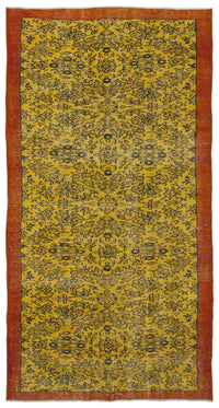 Sarı El Dokuma Halı Çiçekli Kırmızı Detaylı Bordürlü 143x275 cm 9128