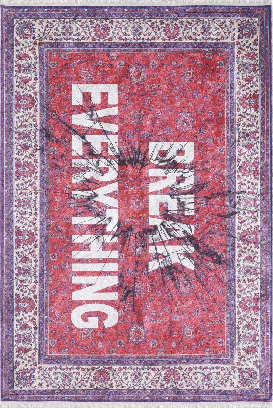 Kırmızı Eskitme Modern Halı - Yıkanabilir - Kaymaz Taban - Pati Dostu
