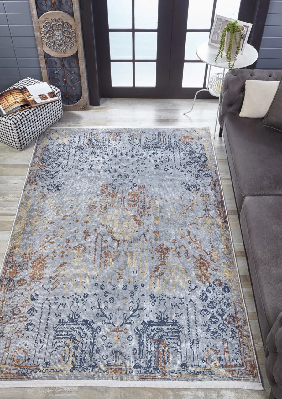 Gold Gri Eskitme Modern Halı - Yıkanabilir - Kaymaz Taban - Pati Dostu