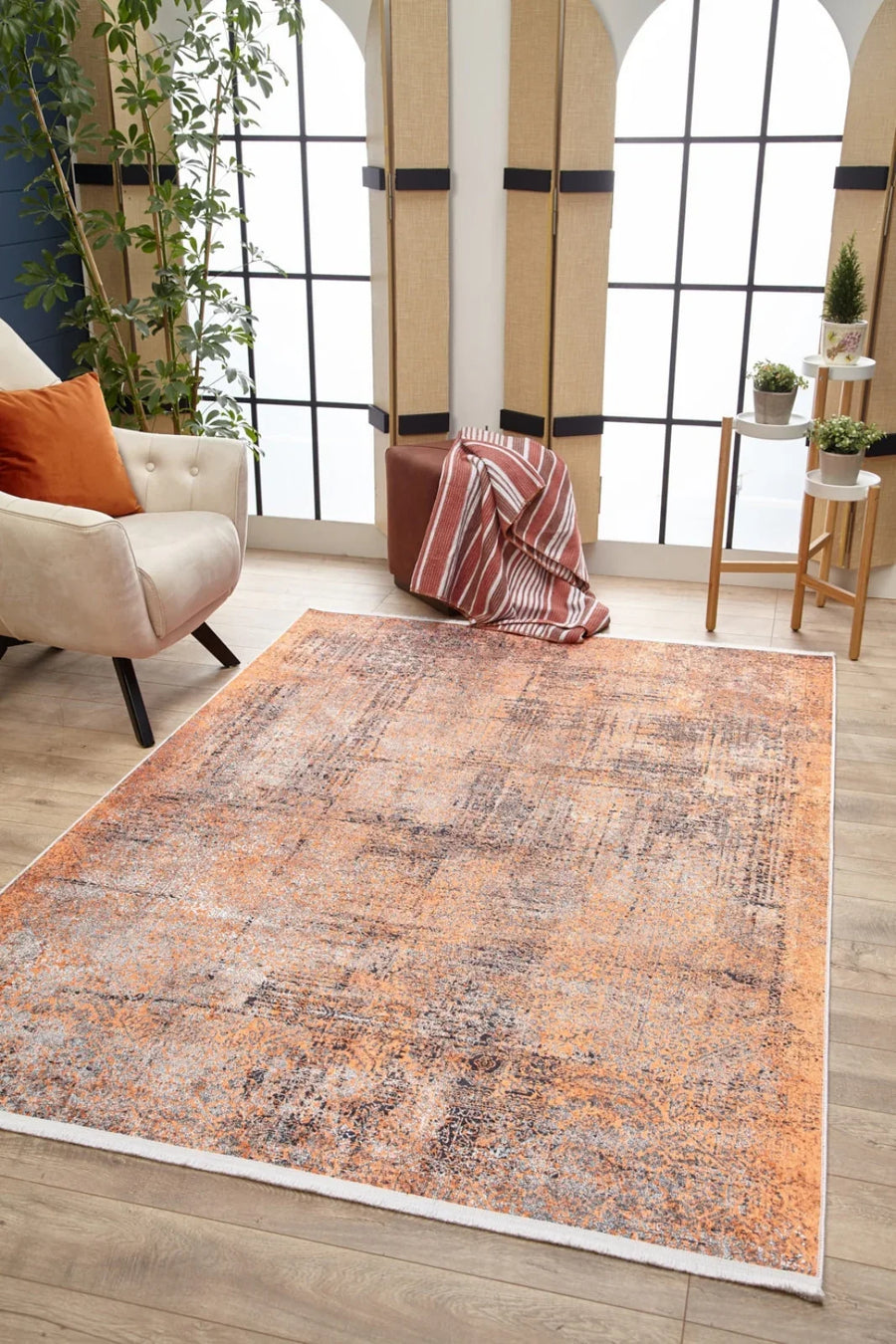 Krem Eskitme Modern Halı - Yıkanabilir - Kaymaz Taban - Pati Dostu