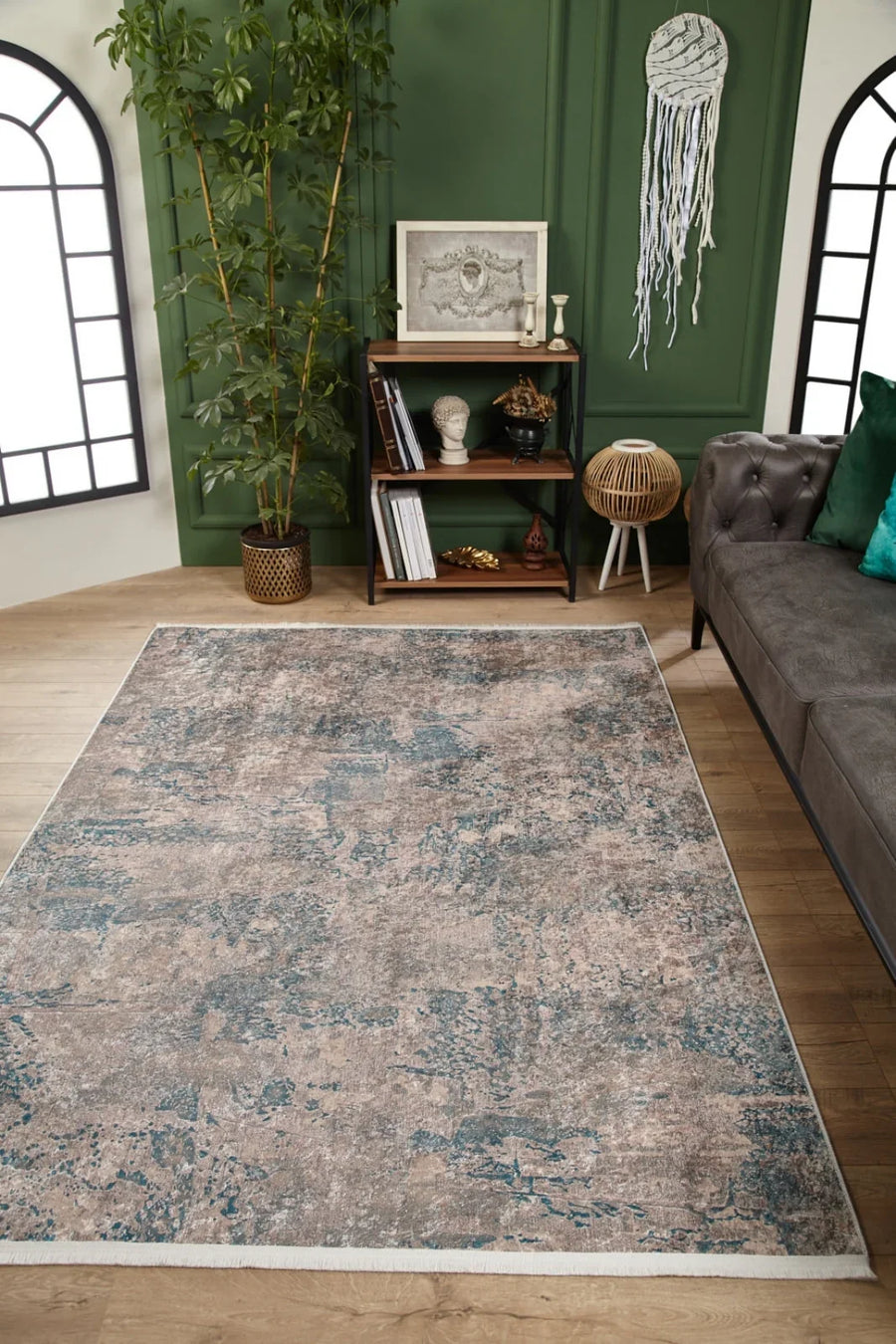Bej Gri Eskitme Modern Halı - Yıkanabilir - Kaymaz Taban - Pati Dostu