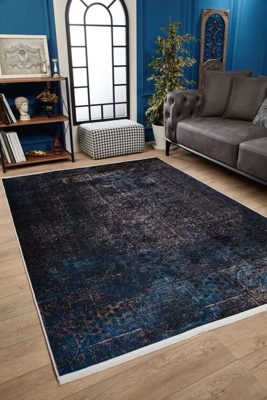 Mavi Eskitme Modern Halı - Yıkanabilir - Kaymaz Taban - Pati Dostu