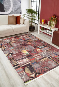 Bordeaux Teppich mit Ethno-Patchwork-Muster in Grau