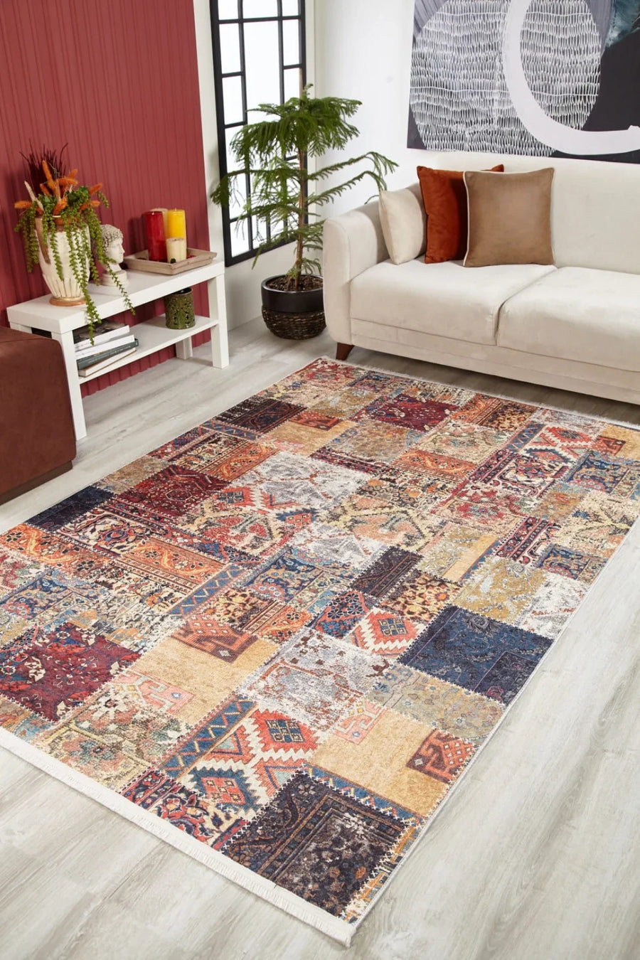 Geleneksel Stil Geometrik Desenli Halı - Yıkanabilir - Kaymaz Taban - Pati Dostu