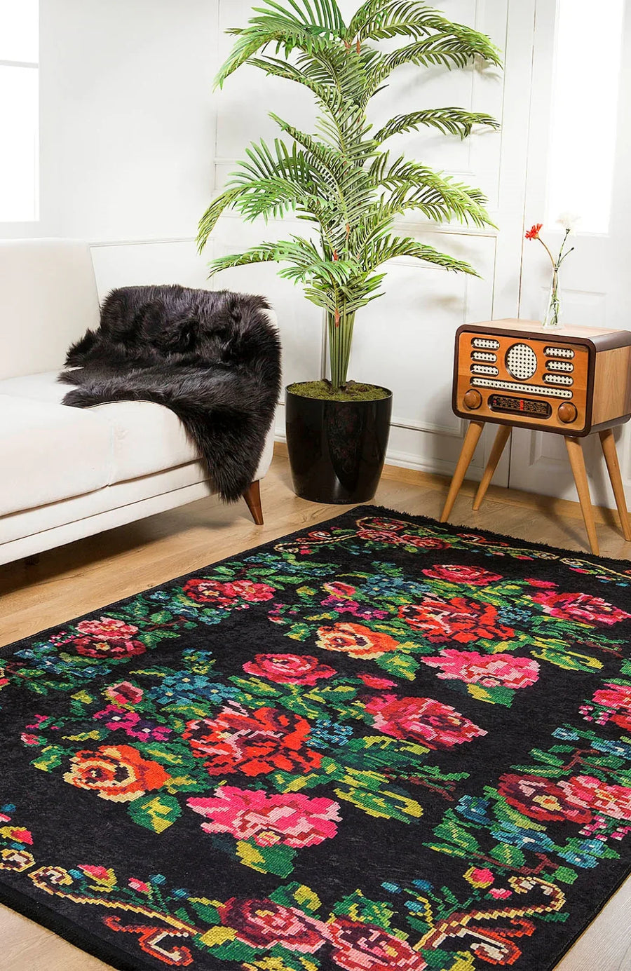 Kırmızı Siyah Klasik Modern Halı - Yıkanabilir - Kaymaz Taban - Pati Dostu