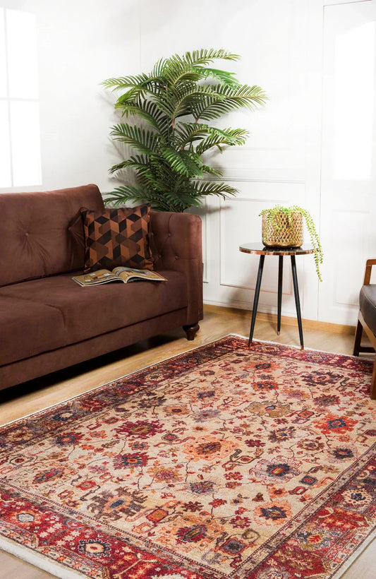 Krem Klasik Modern Halı - Yıkanabilir - Kaymaz Taban - Pati Dostu
