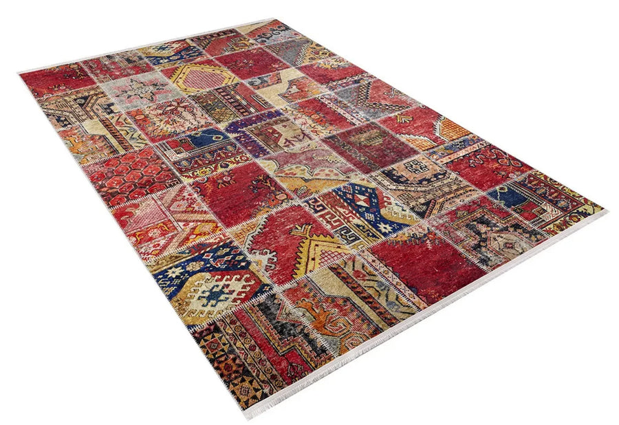 Kırmızı Etnik Modern Halı - Yıkanabilir - Kaymaz Taban - Pati Dostu