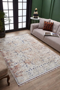 Waschbarer Teppich Blau Creme mit abstraktem Muster