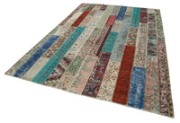 Blauer mehrfarbiger Vintage Patchwork Teppich 203x305 cm