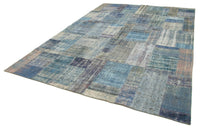 Mavi Gri Geometrik Desenli Yün Patchwork Halı, 251x351 cm