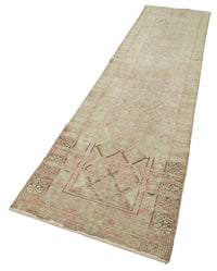 Beige & Pink Geometric Vintage Turkish Runner Rug 82x340 cm (2'8" x 11'2")