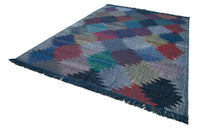 Blauer Vintage Kelim Teppich mit mehrfarbigem geometrischem Muster 250x353 cm