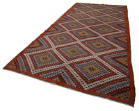 Red & Blue Geometric Vintage Turkish Kilim Runner 201x433 cm (6'7" x 14'2")