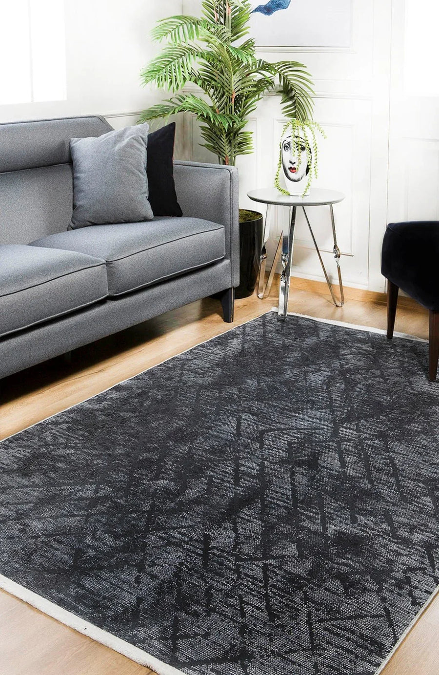 Antrasit Gri Geometrik Modern Halı - Yıkanabilir - Kaymaz Taban - Pati Dostu