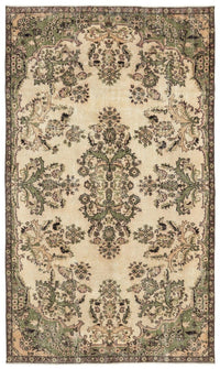 Cream and Green Floral Hand-Knotted Wool Rug 177x303 cm (5'10" x 9'11")