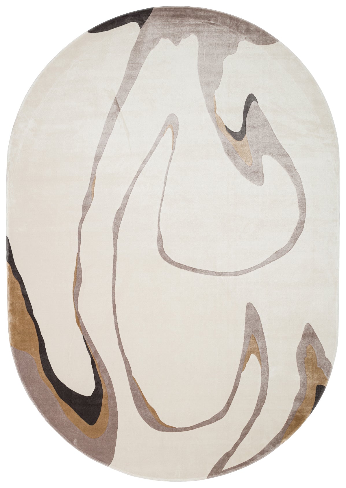 Krem ve gri tonlarda soyut desenli modern oval halı - salon icin oval hali modeli