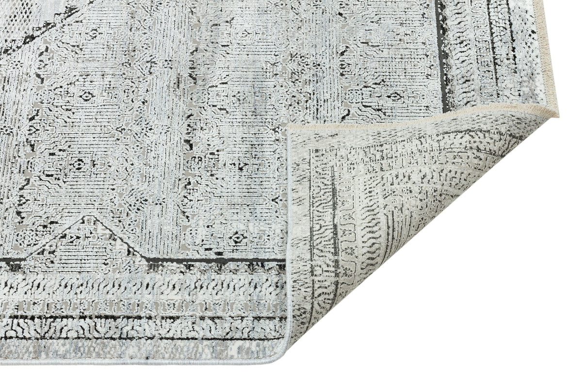 Noveli Gri Siyah Çizgili Geometrik Madalyonlu Klasik Halı