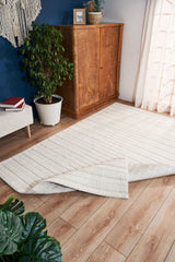 Vendra Ecru Beige Striped Embossed Modern Machine-Woven Rug