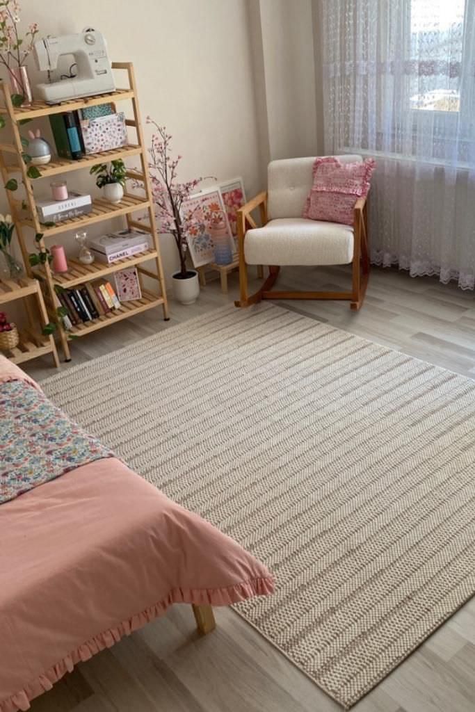 Vendra Ekru Bej Çizgili Kabartmalı Modern Makine Halısı