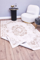 Alfombra clásica de máquina Olvira con estampado de medallones en blanco y beige