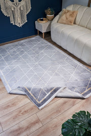 Olvira Gri Bej Geometrik Desenli Modern Makine Halısı