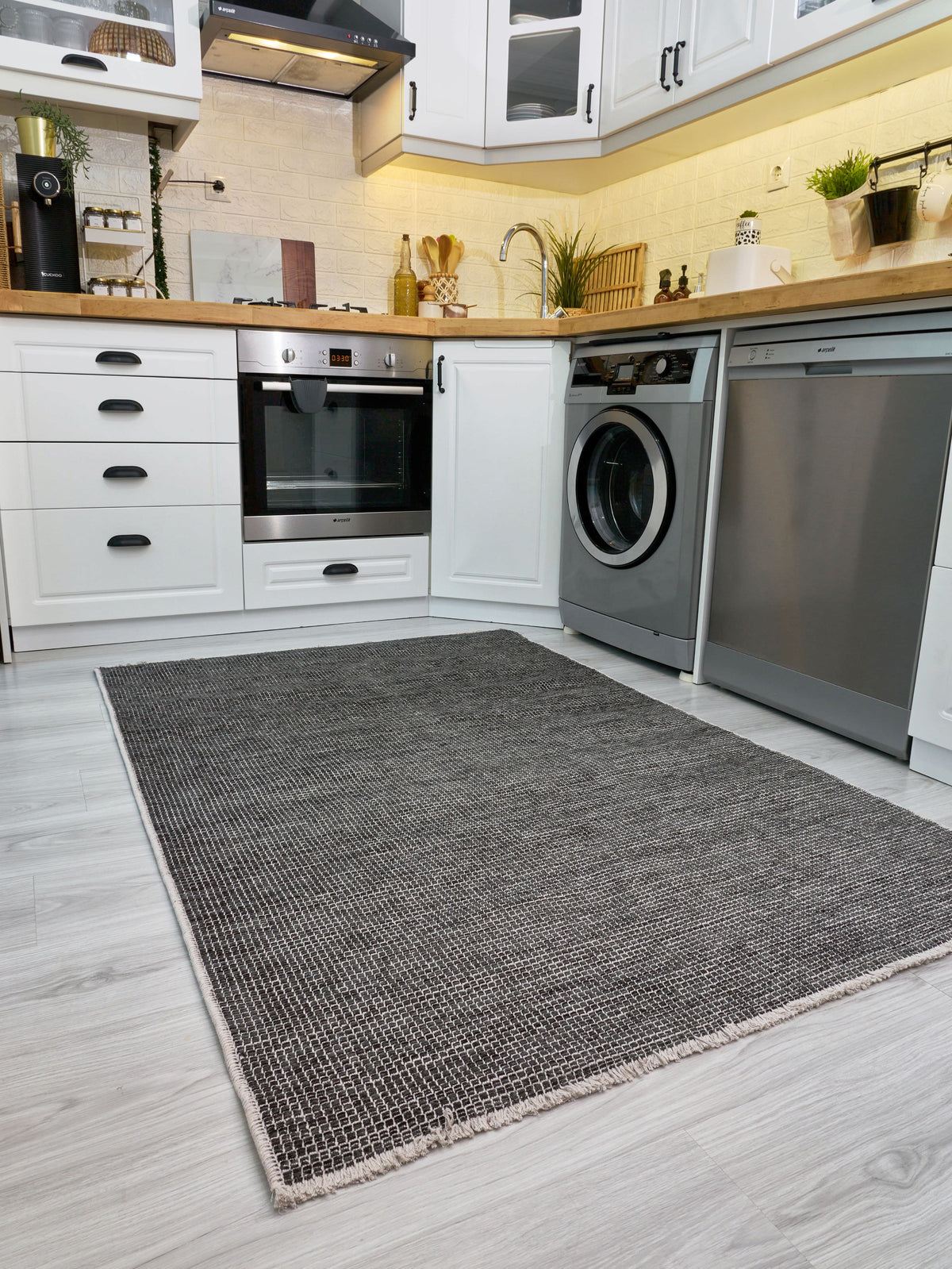Nobira Gri Beyaz Düz Desenli Dokulu Modern Makine Halısı