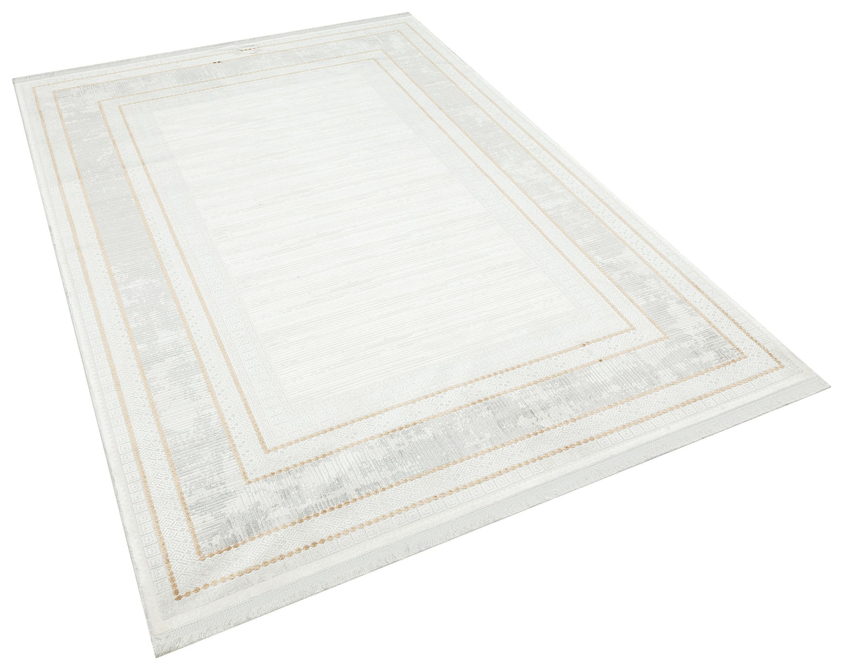 Torvan Beyaz Gri Bej Gold Geometrik Desenli Modern Makine Halısı