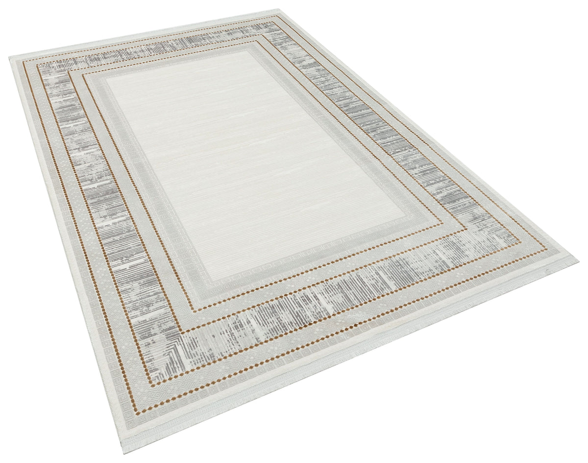 Torvan Beyaz Gri Bej Gold Geometrik Desenli Modern Makine Halısı