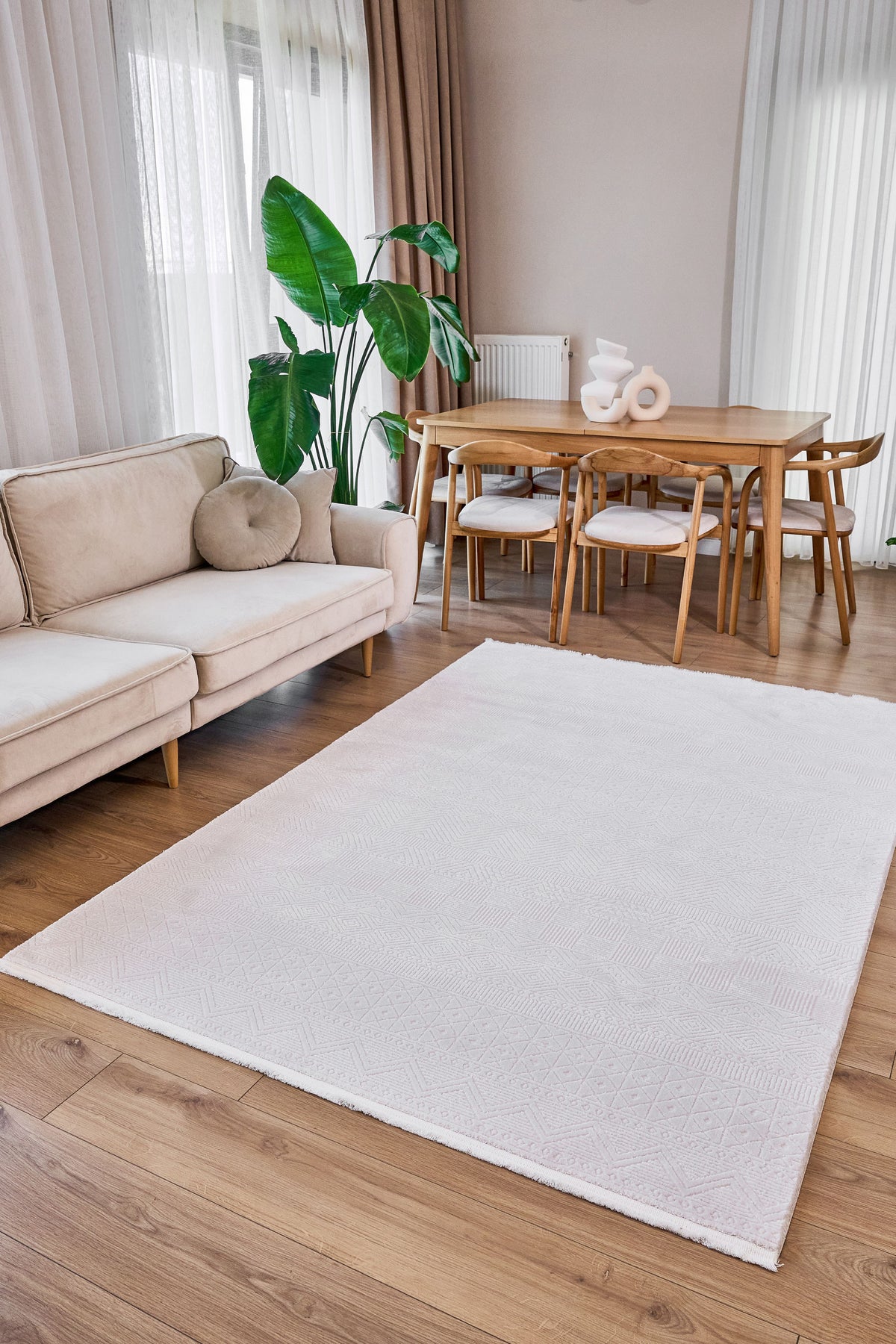 Selvin Ekru Kırmızı Geometrik Desenli Modern Makine Halısı