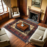 Burgundy Navy Classic Ethnic Living Room Rug - Polyester Machine Woven