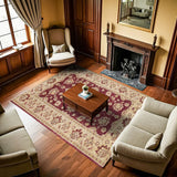 Claret Red Beige Classic Living Room Rug - Polyester