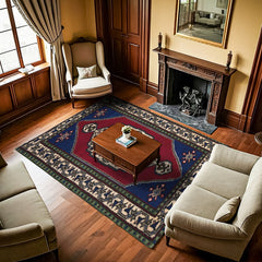 Mavi Madalyon Modern Etnik Desenli Halı  | Makinada Yıkanabilir | Hav Toz Vermez | Leke Tutmayaz | Kaymaz Taban | Dijital Makine Baskı | Salon Yolluk Mutfak Halısı