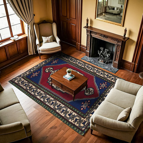 Mavi Madalyon Modern Etnik Desenli Halı  | Makinada Yıkanabilir | Hav Toz Vermez | Leke Tutmayaz | Kaymaz Taban | Dijital Makine Baskı | Salon Yolluk Mutfak Halısı